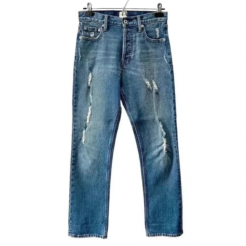 GAP High Waisted Straight Leg Jeans Cone Denim Distressed Blue Size 25 - Picture 3 of 15